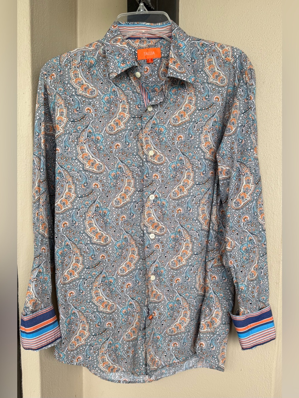Tallia Long Sleeve Dress Shirt Cotton Paisley Grey/Orange/Blue/White Medium-15.5